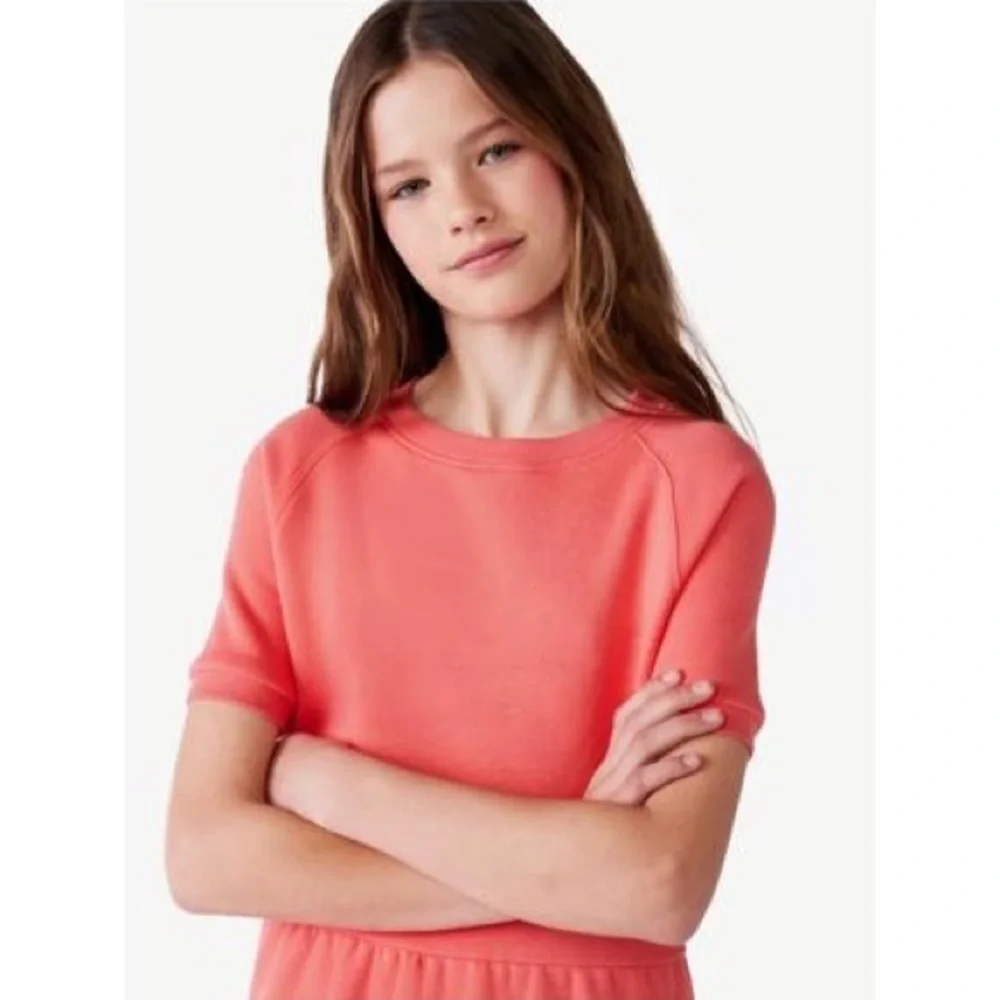Free Assembly Girls Coral Pink Tiered Sweatshirt Dress — Size M (7/8)